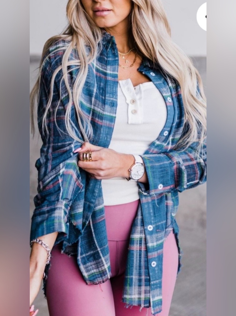 . Mindy Mae's Market Navy Plaid Frayed Button Up Shirt